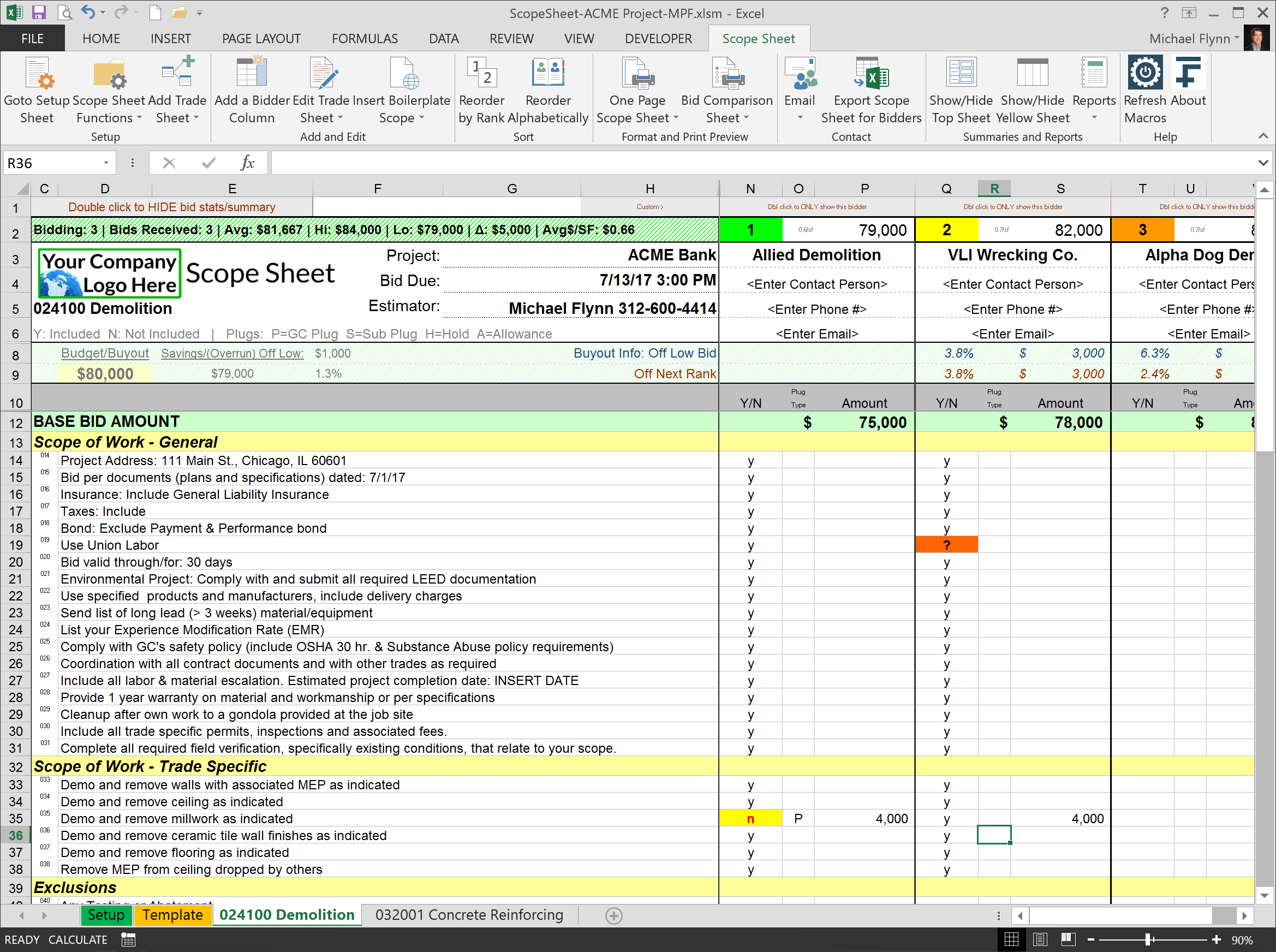 Excel Scope Sheet 14Fathoms, LLC Level Bids & Create Project Summary